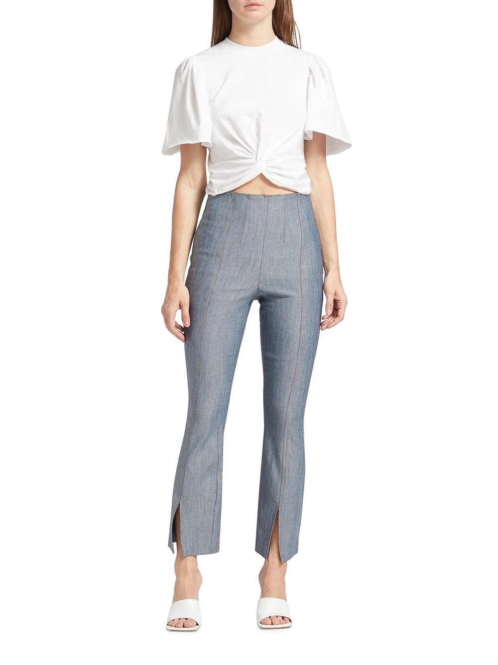 Cinq a Sept Laurie Stretch Flared Pant Jean Soft Denim Side Zip Ankle Slit Blue